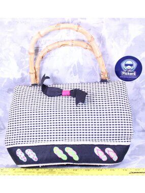 CROFT & BARROWS Checkered Bamboo Handle‎ Statement Purse W Embroidered Flipflops